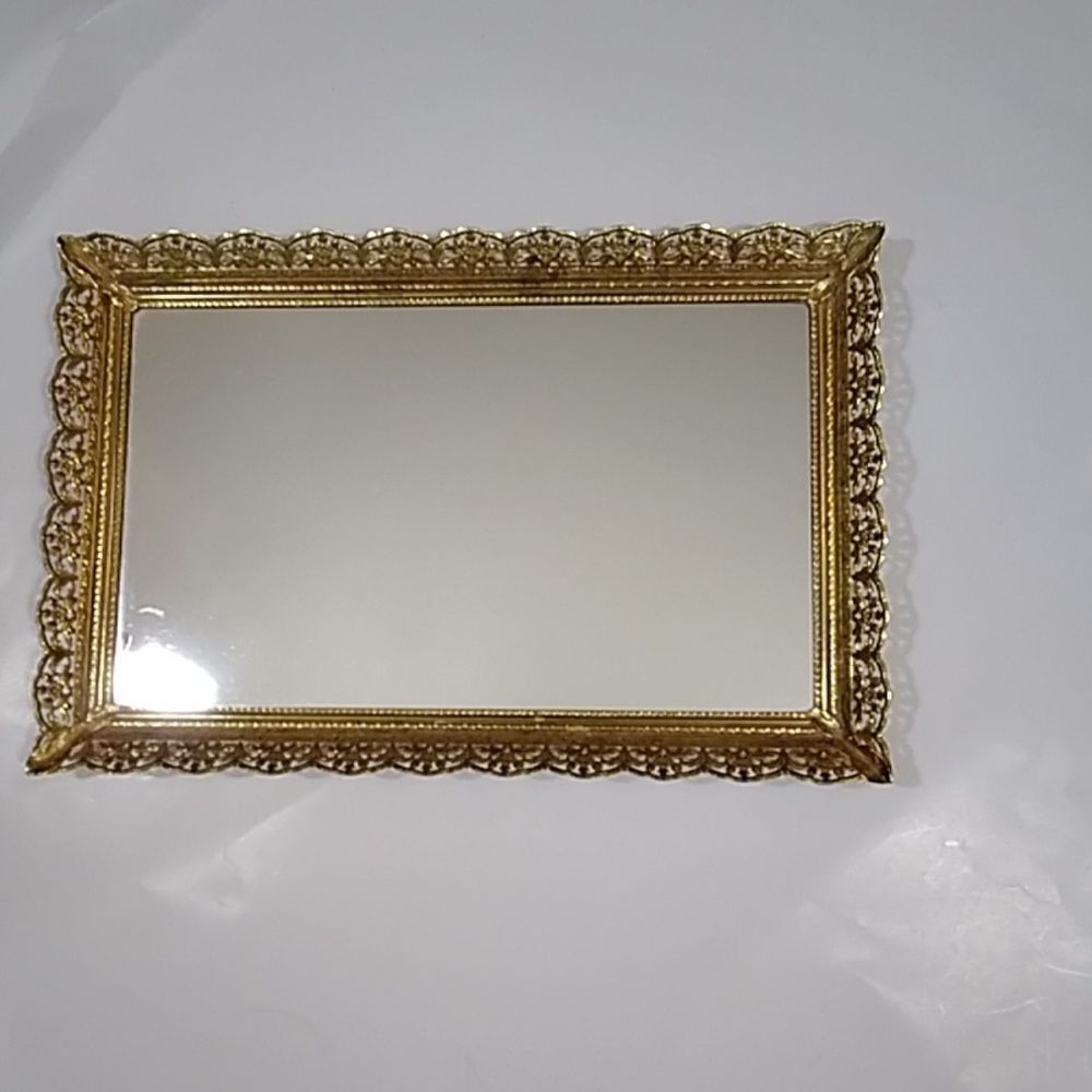 Vintage Perfume Tray Vanity Mirror Gold Tone Color Rectangle